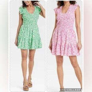 BUNDLE of 2 Two Smocked Mini Dresses w Pockets - Green/White & Pink/White XS